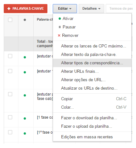 Configuração do tipo de correspondência de palavras-chave no AdWords