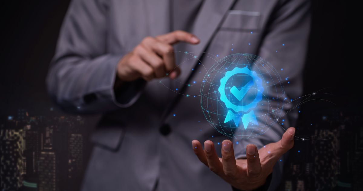 Uma renderização 3D de um sinal de verificação como serviço superior, garantia de qualidade e garantia de padrões - Verificação de Perfil nas Redes Sociais