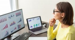 Google Analytics 4 - Mulher de análise de negócios financeiros consultora caucasiana com gráficos de painel de dados